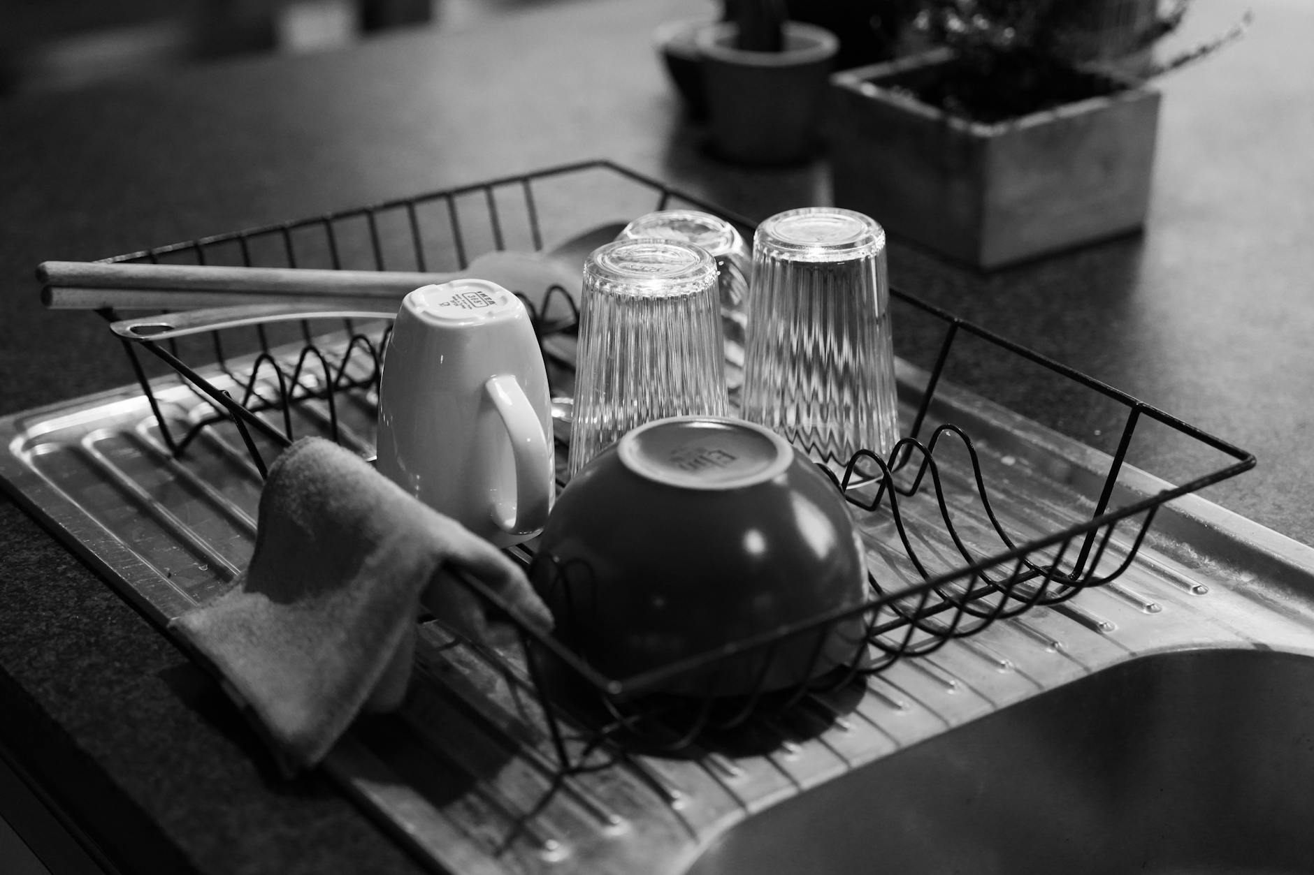 A tidy kitchen with silicone mats and a dish rack on the counter.